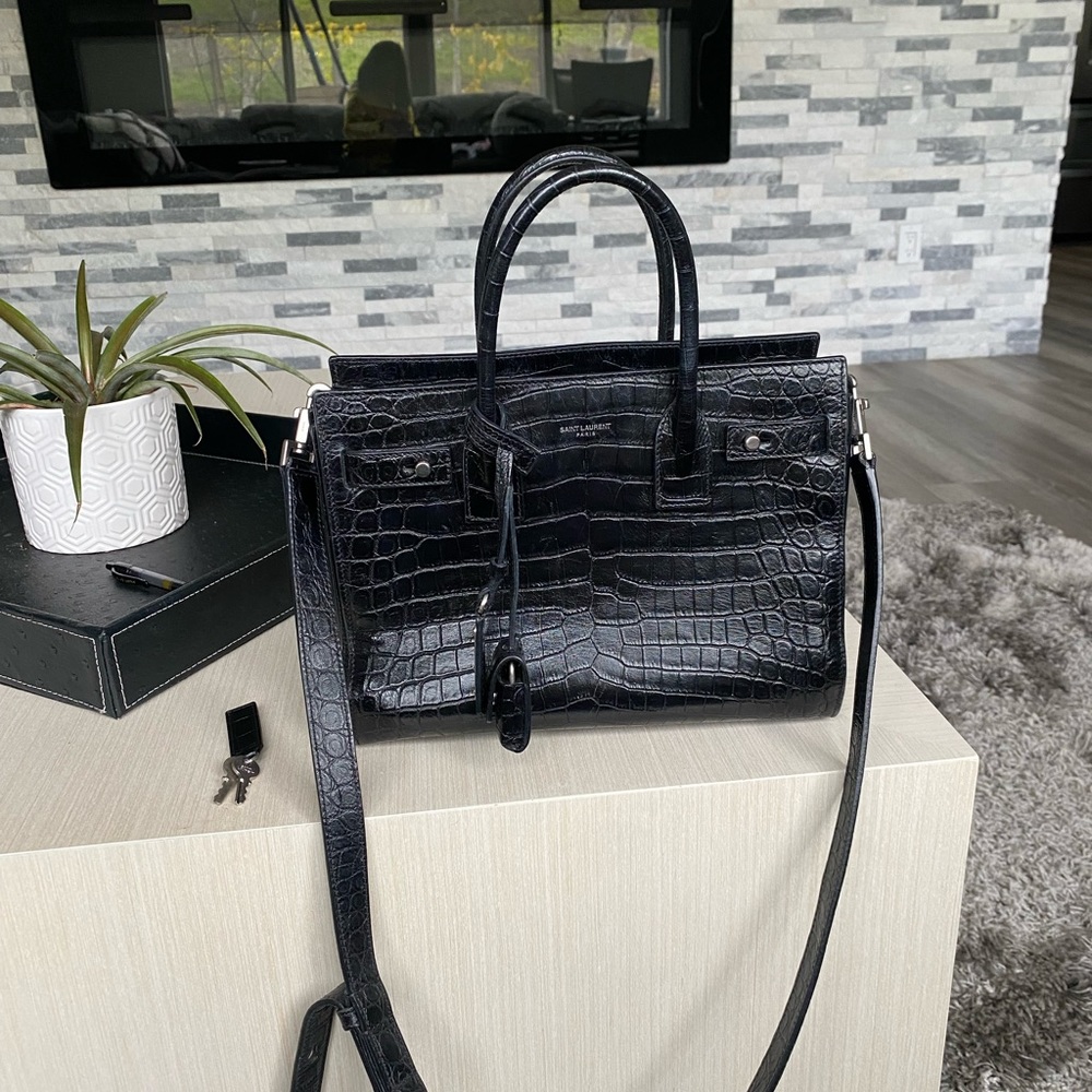 Saint Laurent Sac De Jour Crocodile Embossed Leather Baby Black